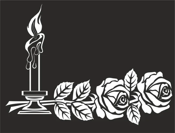 用于装饰墓碑的蜡烛和两朵玫瑰 — 图库矢量图片