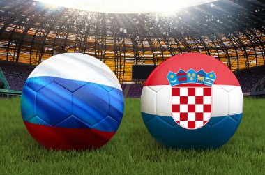 Hırvatistan vs Rusya futbol takım topu büyük stadyum arka plan. Hırvatistan – Rusya takımı rekabet kavramı bayrağı top turnuva takım. Yeşil çim zemin üzerine spor yarışması. 3D render