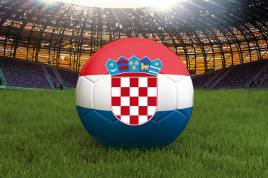Hırvatistan futbol takım topu büyük stadyum arka plan üzerinde. Hırvatistan takım rekabet kavramı. Hırvatistan bayrağı top takım turnuvaları Rusya'da. Yeşil çim zemin üzerine spor yarışması. 3D render