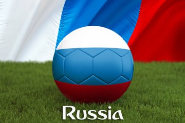 Rusya futbol takım topu büyük stadyum arka plan üzerinde. Rus ekibi rekabet kavramı. Top takım turnuvaları Rusya Rusya bayrağı. Yeşil çim zemin üzerine spor yarışması. 3D render