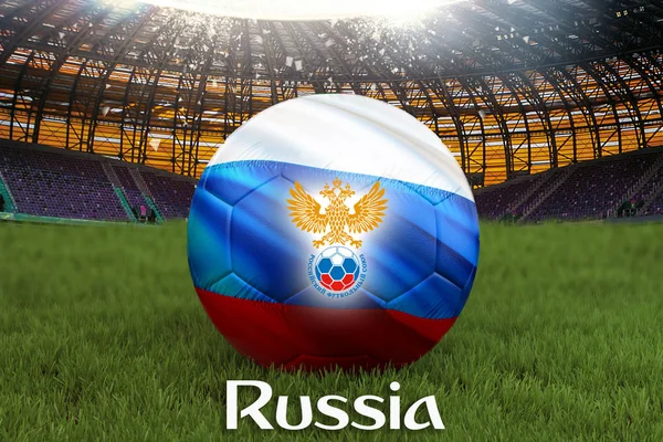 Russia football team ball on big stadium background with Russian Team logo competition concept. Russia flag on ball team tournament in Russia. Sport competition on green grass background. 3d rendering