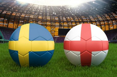 İsveç vs İngiltere'de futbol takım topu büyük stadyum arka plan. Takım İsveç vs İngiltere takımı rekabet kavramı bayrak Ball turnuvası. Yeşil çim zemin üzerine spor yarışması. 3D render