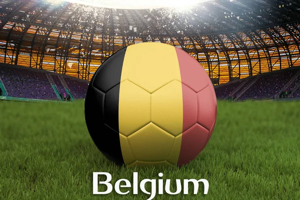 Belgium football team ball on big stadium background. Belgium Team competition concept. Belgium flag on ball team tournament in Russia. Sport competition on green grass background. 3d rendering