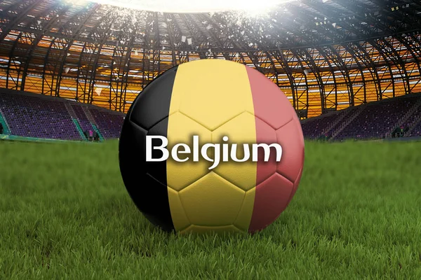 Belgium football team ball on big stadium background. Belgium Team competition concept. Belgium flag on ball team tournament in Russia. Sport competition on green grass background. 3d rendering