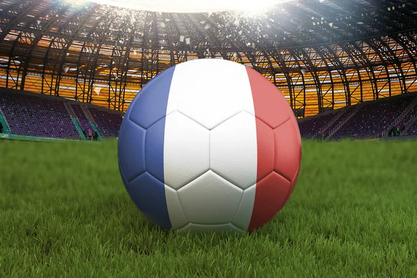 France football team ball on big stadium background. France Team competition concept. France flag on ball team tournament in Russia. Sport competition on green grass background. 3d rendering