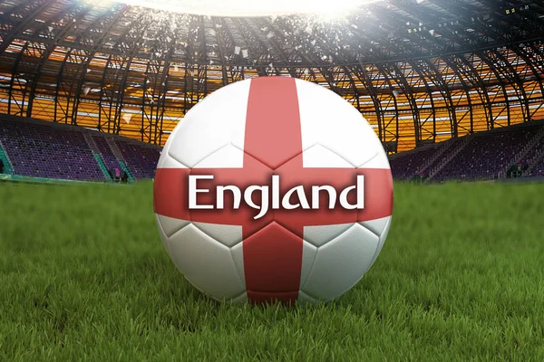 England football team ball on big stadium background. England Team competition concept. England flag on ball team tournament in Russia. Sport competition on green grass background. 3d rendering