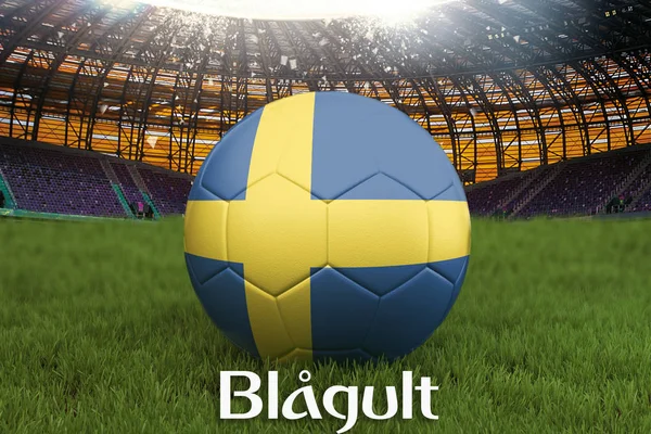 Blauw Geel Zweedse Taal Voetbal Team Bal Grote Stadion Achtergrond — Stockfoto