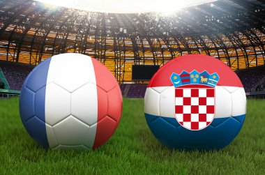 Hırvatistan – Fransa futbol takım topu büyük stadyum arka plan üzerinde. Hırvatistan – Fransa takımı rekabet kavramı bayrağı top turnuva takım. Yeşil çim zemin üzerine spor yarışması. 3D render