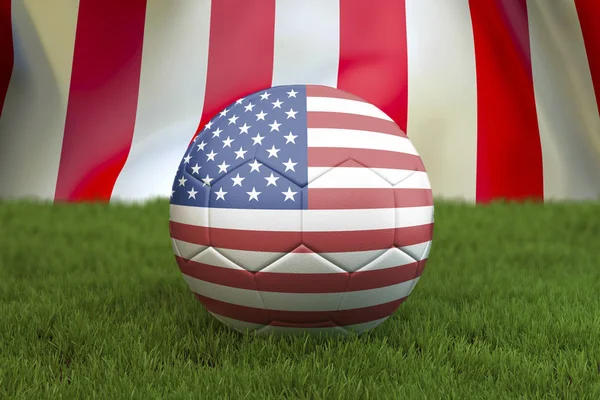 USA football team ball on big stadium background. USA Team competition concept. USA flag on ball team tournament in USA. 3d rendering. Sport competition on green grass background