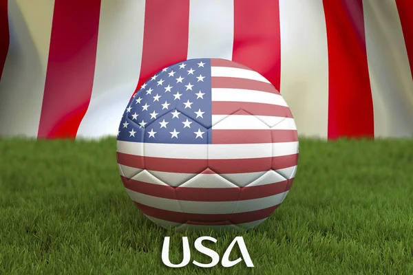 USA football team ball on big stadium background. USA Team competition concept. USA flag on ball team tournament in USA. 3d rendering. Sport competition on green grass background