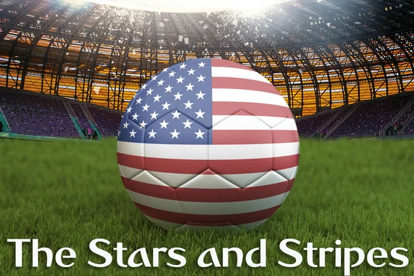 The Stars and Stripes on USA football team ball on big stadium background. 3d rendering. USA Team competition concept. USA flag on ball team tournament. Sport competition on green grass background