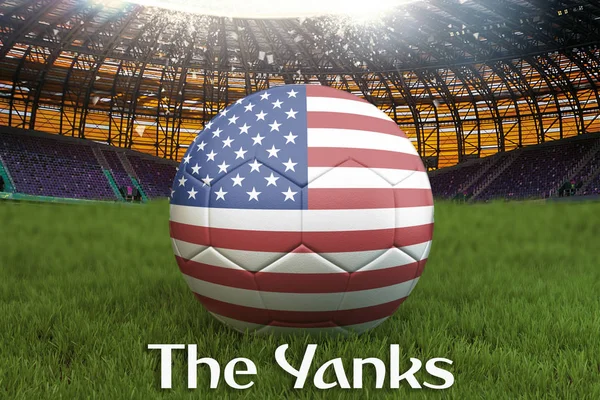 The Yanks on USA football team ball on big stadium background. 3d rendering. USA Team competition concept. USA flag on ball team tournament. Sport competition on green grass background