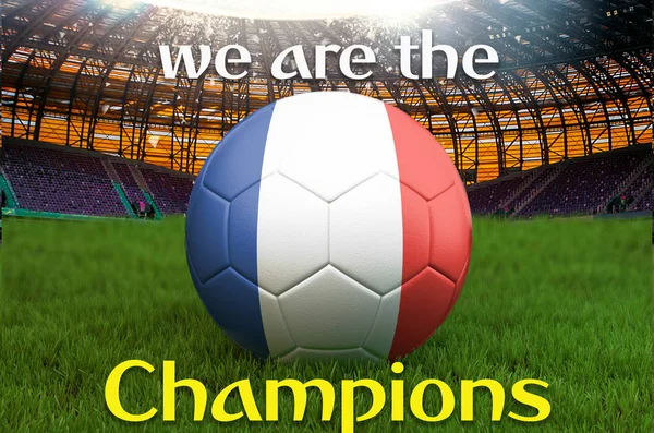 We are the Champions on French football team ball on big stadium background. France Team competition concept. France flag on ball team tournament. Sport competition on grass background. 3d rendering