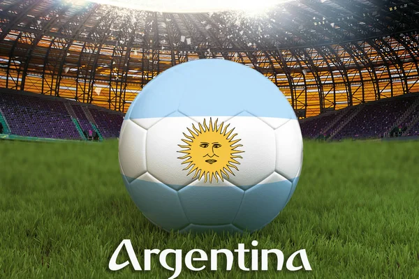 Argentina football team ball on big stadium background. Argentina Team competition concept. Argentina flag on ball team tournament in Russia. Sport competition on green grass background. 3d rendering