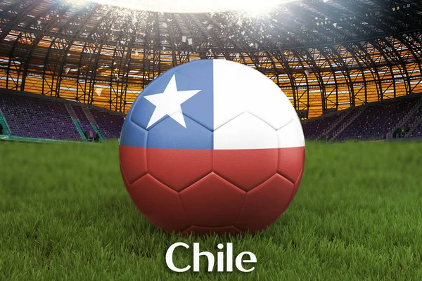 Chile football team ball on big stadium background. Chile Team competition concept. Chile flag on ball team tournament in Russia. Sport competition on green grass background. 3d rendering