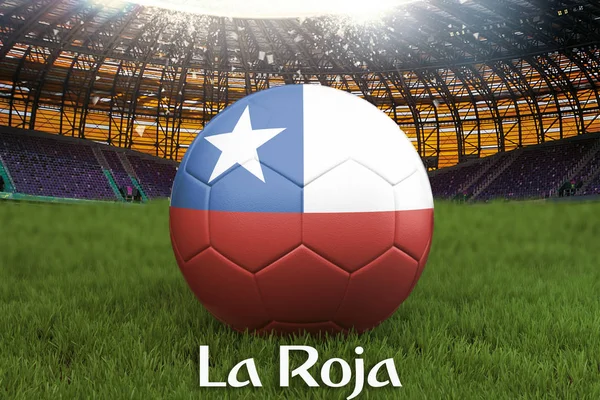 La Roja on Chile language on football team ball on big stadium background. Chile Team competition concept. Chile flag on ball team tournament. Sport competition on green grass background. 3d rendering