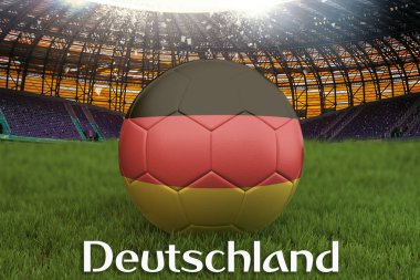Deutschland Almanya dili futbol takım topa büyük stadyum arka plan üzerinde. Almanya takım rekabet kavramı. Top takım turnuva Almanya bayrağı. Arka plan üzerinde spor yarışması. 3D render