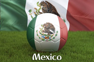 Meksika futbol takım topu büyük stadyum arka plan üzerinde. Meksika takım rekabet kavramı. Top takım turnuva Meksika Meksika bayrağı. Yeşil çim zemin üzerine spor yarışması. 3D render