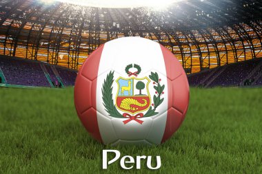 Peru futbol takım topu büyük stadyum arka plan üzerinde. Peru takım rekabet kavramı. Top takım turnuva Peru Peru bayrağı. 3D render. Yeşil çim zemin üzerine spor yarışması