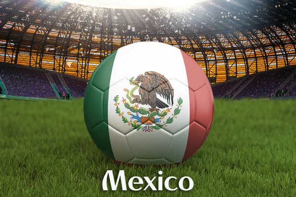 Mexico football team ball on big stadium background. Mexico Team competition concept. Mexico flag on ball team tournament in Mexico. Sport competition on green grass background. 3d rendering