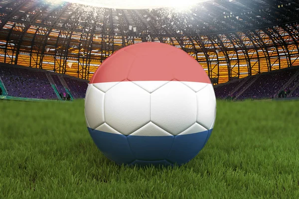 Netherlands football team ball on big stadium background. Netherlands Team competition concept. Netherlands flag on ball team tournament in Netherlands. 3d rendering. Sport competition on green grass