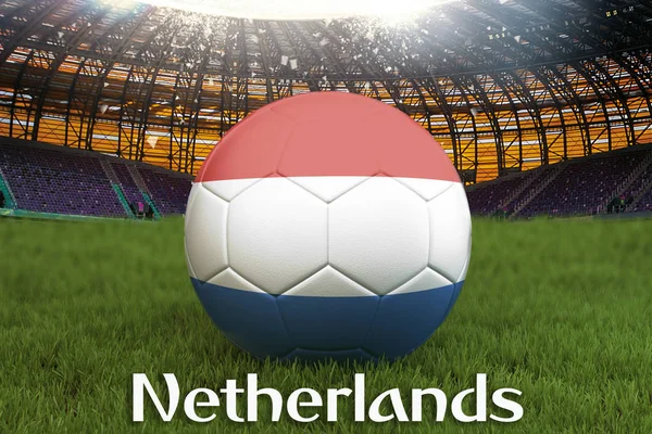 荷兰足球队在大球场的背景球 荷兰队的比赛理念 荷兰国旗在球队比赛在荷兰 绿色草地上的体育比赛 — 图库照片