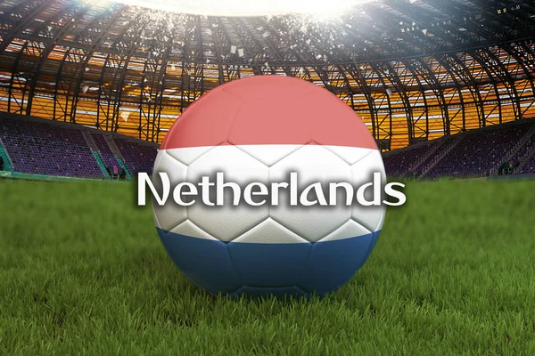Netherlands football team ball on big stadium background. Netherlands Team competition concept. Netherlands flag on ball team tournament in Netherlands. 3d rendering. Sport competition on green grass