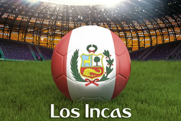 Los Incas on Peru language on football team ball on big stadium background. 3d rendering. Peru Team competition concept. Peru flag on ball team tournament. Sport competition on green grass background