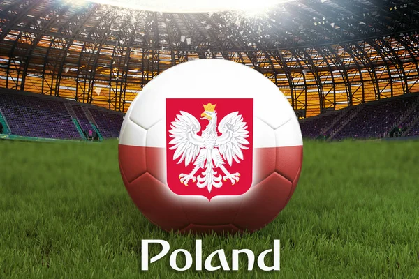 Poland football team ball on big stadium background with Poland Team logo competition concept. Poland flag on ball team tournament in Poland. 3d rendering. Sport competition on green grass background