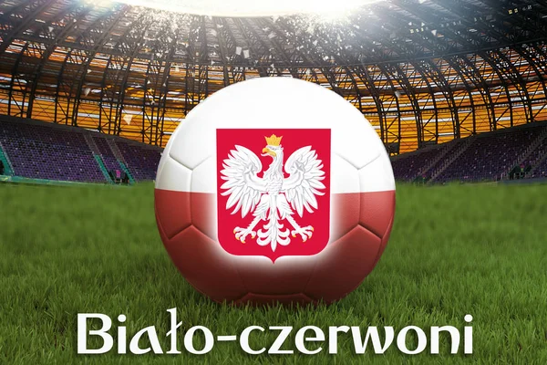 Bialo-czerwoni on Poland language on football team ball on big stadium background. 3d rendering. Poland Team competition concept. Poland flag on ball team tournament. Sport competition on green grass
