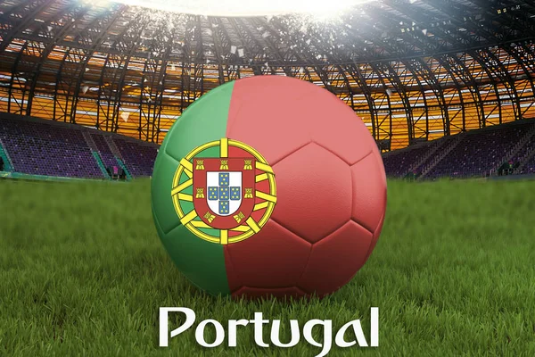 Portugal football team ball on big stadium background. Portugal Team competition concept. Portugal flag on ball team tournament in Portugal. 3d rendering. Sport competition on green grass background