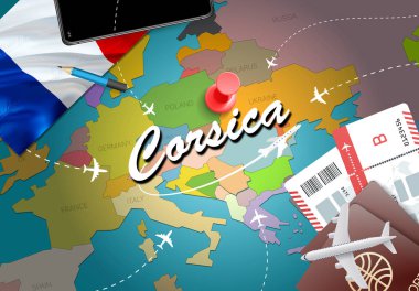 Corsica şehir seyahat ve Turizm hedef kavramı. Fransa bayrağı ve Corsica şehir haritası üzerindeki. Fransa seyahat kavramı harita arka plan. Bilet uçak ve Corsica tatil Fransız vacatio için uçuşlar