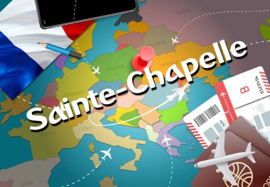Sainte-Chapelle şehir seyahat ve Turizm hedef kavramı. Fransa bayrağı ve Sainte-Chapelle şehir haritası üzerindeki. Fransa seyahat kavramı harita arka plan. Bilet uçak ve Sainte-Chapelle tatil Fransız vacatio için uçuşlar