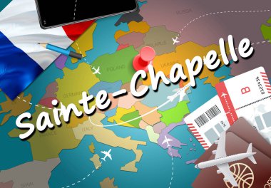 Sainte-Chapelle şehir seyahat ve Turizm hedef kavramı. Fransa bayrağı ve Sainte-Chapelle şehir haritası üzerindeki. Fransa seyahat kavramı harita arka plan. Bilet uçak ve Sainte-Chapelle tatil Fransız vacatio için uçuşlar