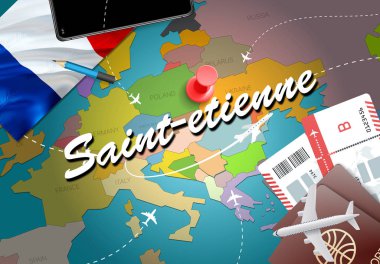 Saint-Etienne şehir seyahat ve Turizm hedef kavramı. Fransa bayrağı ve Saint-etienne şehir haritası üzerindeki. Fransa seyahat kavramı harita arka plan. Bilet uçak ve Saint-etienne tatil Fransız vacatio için uçuşlar