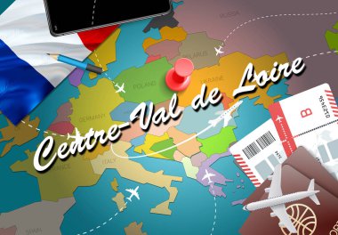Merkezi-Val de Loire şehir seyahat ve Turizm hedef kavramı. Fransa bayrağı ve merkezi-Val de Loire şehir haritası üzerindeki. Fransa seyahat kavramı harita arka plan. Bilet uçak ve merkezi-Val de Loire tatil Fransız vacatio için uçuşlar