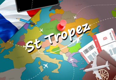 St Tropez şehir seyahat ve Turizm hedef kavramı. Fransa bayrağı ve St Tropez şehir haritası üzerindeki. Fransa seyahat kavramı harita arka plan. Bilet uçak ve St Tropez tatil Fransız vacatio için uçuşlar