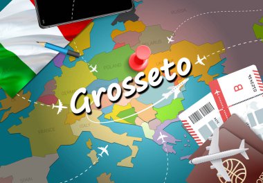 Grosseto kent seyahat ve Turizm hedef kavramı. İtalya bayrağı ve Grosseto kent harita üzerinde. İtalya kavramı harita arka plan seyahat. Bilet uçak ve Grosseto tatil İtalyan vacatio için uçuşlar