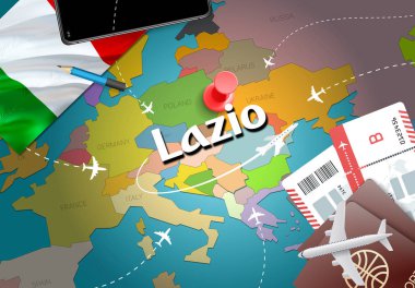 Lazio şehir seyahat ve Turizm hedef kavramı. İtalya bayrağı ve Lazio şehir haritası üzerindeki. İtalya kavramı harita arka plan seyahat. Bilet uçak ve Lazio Tatil İtalyan vacatio için uçuşlar