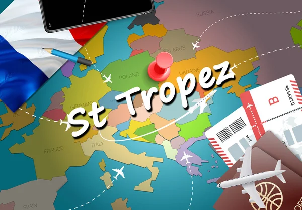 St Tropez şehir seyahat ve Turizm hedef kavramı. Fransa bayrağı ve St Tropez şehir haritası üzerindeki. Fransa seyahat kavramı harita arka plan. Bilet uçak ve St Tropez tatil Fransız vacatio için uçuşlar