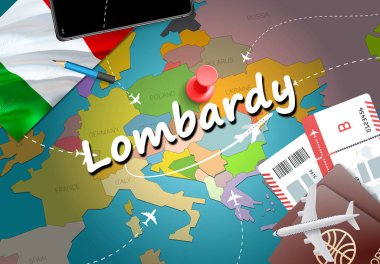 Lombardy şehir seyahat ve Turizm hedef kavramı. İtalya bayrağı ve Lombardiya şehir haritası üzerindeki. İtalya kavramı harita arka plan seyahat. Bilet uçak ve Lombardiya tatil İtalyan vacatio için uçuşlar