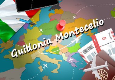 Guidonia Montecelio şehir seyahat ve Turizm hedef kavramı. İtalya bayrağı ve Guidonia Montecelio şehir haritası üzerindeki. İtalya kavramı harita arka plan seyahat. Bilet uçak ve Guidonia Montecelio tatil İtalyan vacatio için uçuşlar