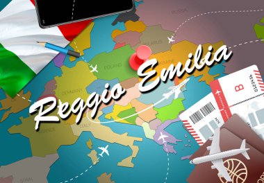Reggio Emilia şehir seyahat ve Turizm hedef kavramı. İtalya bayrağı ve Reggio Emilia şehir haritası üzerindeki. İtalya kavramı harita arka plan seyahat. Bilet uçak ve Reggio Emilia tatil İtalyan vacatio için uçuşlar