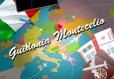 Guidonia Montecelio şehir seyahat ve Turizm hedef kavramı. İtalya bayrağı ve Guidonia Montecelio şehir haritası üzerindeki. İtalya kavramı harita arka plan seyahat. Bilet uçak ve Guidonia Montecelio tatil İtalyan vacatio için uçuşlar