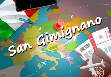 San Gimignano şehir seyahat ve Turizm hedef kavramı. İtalya bayrağı ve San Gimignano şehri harita üzerinde. İtalya kavramı harita arka plan seyahat. Bilet uçak ve San Gimignano tatil İtalyan vacatio için uçuşlar