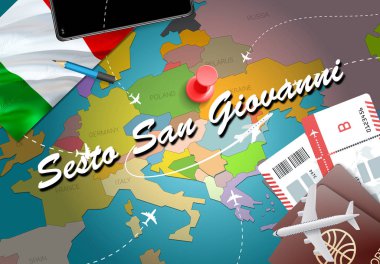 Sesto San Giovanni şehir seyahat ve Turizm hedef kavramı. İtalya bayrağı ve Sesto San Giovanni şehir haritası üzerindeki. İtalya kavramı harita arka plan seyahat. Bilet uçak ve Sesto San Giovanni tatil İtalyan vacatio için uçuşlar