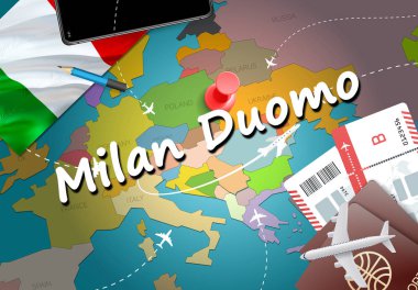 Milano Duomo şehir seyahat ve Turizm hedef kavramı. İtalya bayrağı ve Milano Duomo şehir haritası üzerindeki. İtalya kavramı harita arka plan seyahat. Bilet uçak ve Milano Duomo tatil İtalyan vacatio için uçuşlar