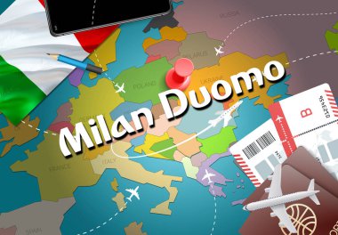 Milano Duomo şehir seyahat ve Turizm hedef kavramı. İtalya bayrağı ve Milano Duomo şehir haritası üzerindeki. İtalya kavramı harita arka plan seyahat. Bilet uçak ve Milano Duomo tatil İtalyan vacatio için uçuşlar