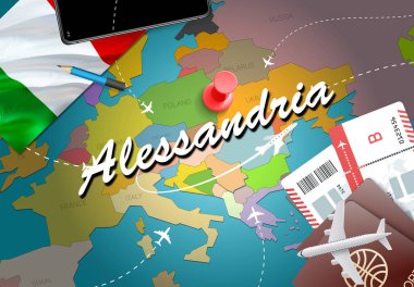 Alessandria şehir seyahat ve Turizm hedef kavramı. İtalya bayrağı ve Alessandria şehir haritası üzerindeki. İtalya kavramı harita arka plan seyahat. Bilet uçak ve Alessandria tatil İtalyan vacatio için uçuşlar