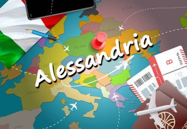 Alessandria şehir seyahat ve Turizm hedef kavramı. İtalya bayrağı ve Alessandria şehir haritası üzerindeki. İtalya kavramı harita arka plan seyahat. Bilet uçak ve Alessandria tatil İtalyan vacatio için uçuşlar